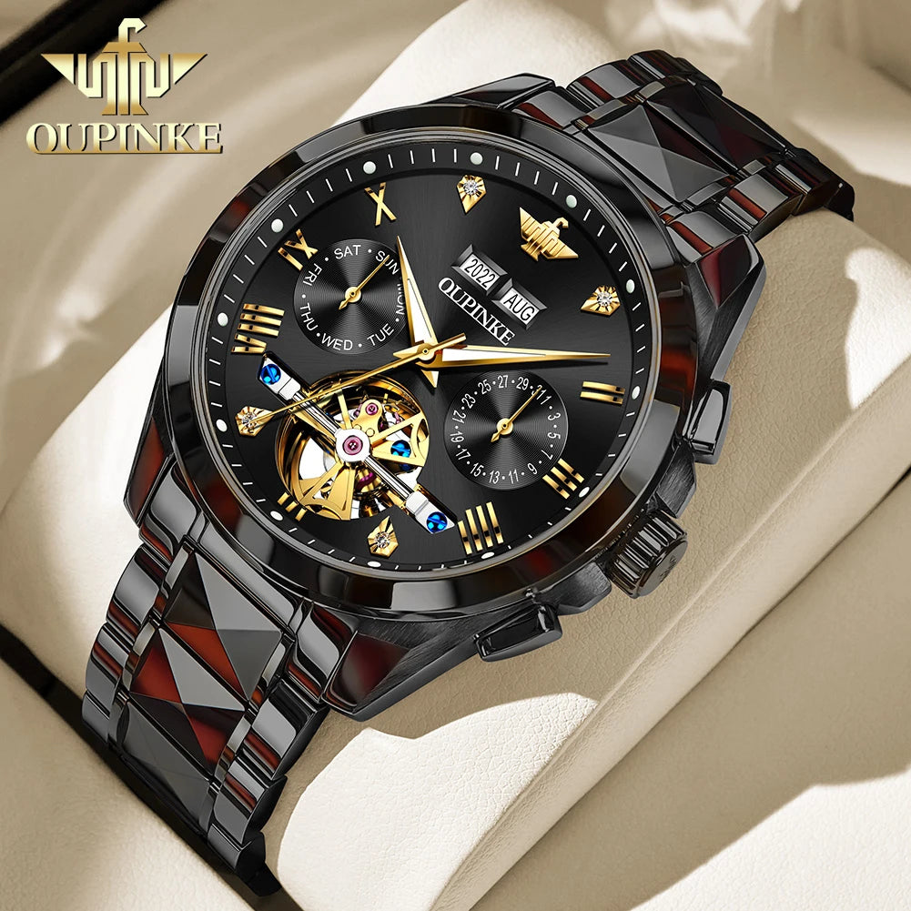 OUPINKE 3186 Automatic Mechanical Movement Watch Hollow Design HD Luminous 50m Waterproof Tungsten Steel Week Calendar Window Watch For Men