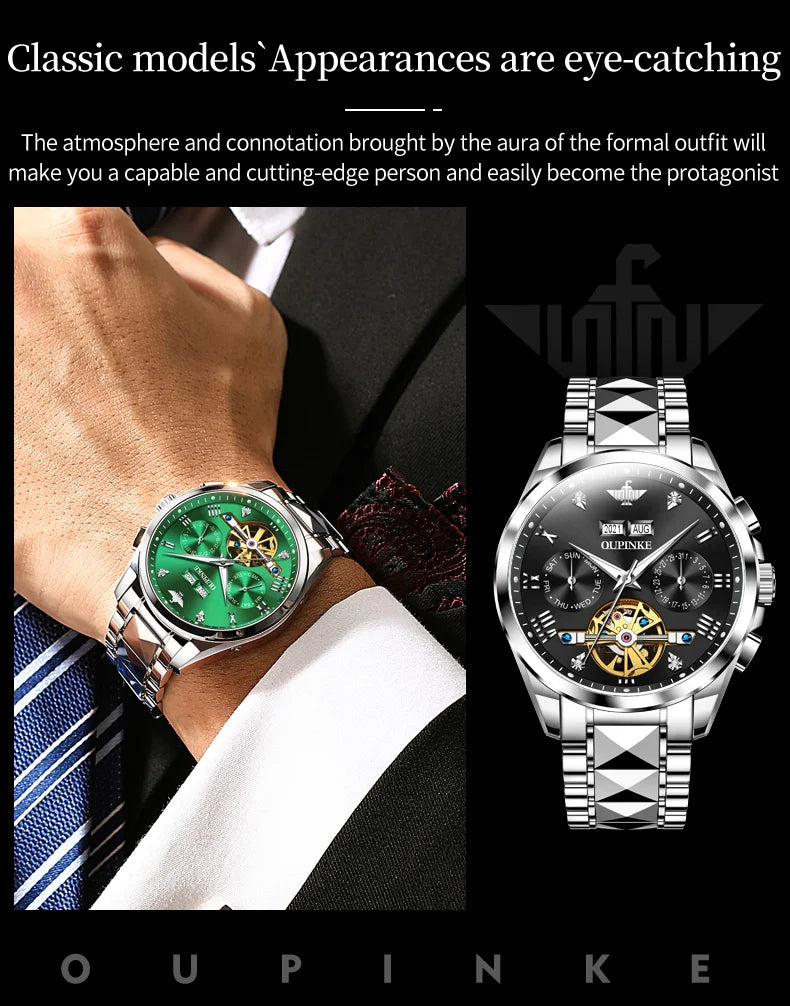 OUPINKE 3186 Men Watches Multifunctional Gold Tungsten steel Flywheel Waterproof Dual Calendar Display Male Wristwatch Classic