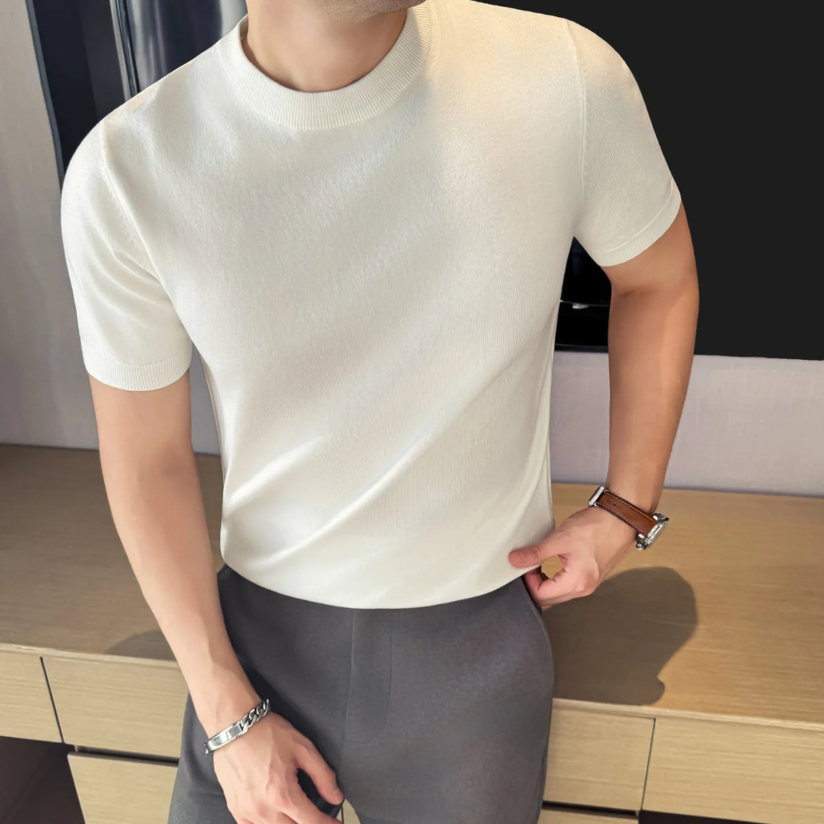 Men's High-Quality Solid Color Short Sleeve Knit T-Shirt - Slim Fit Round Neck Thickened Casual Top