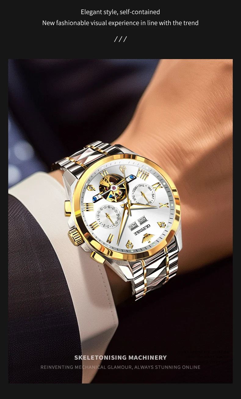 OUPINKE Men's Watches Top Brand Luxury Classic Original Automatic Mechanical Wristwatch Sapphire Mirror Tungsten Steel Calendar