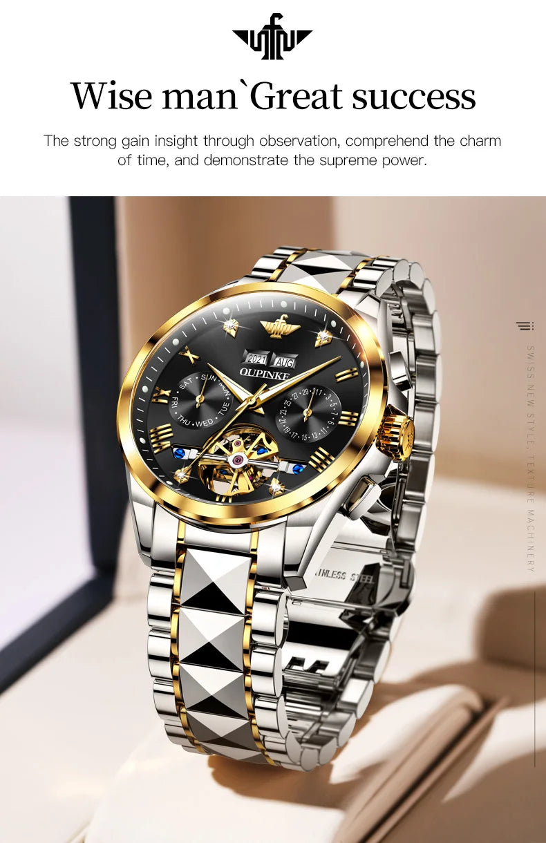 OUPINKE Tungsten Steel Automatic Mechanical Watch Men's 5Bar Waterproof Multi-functional Tourbillon Watches Relogio