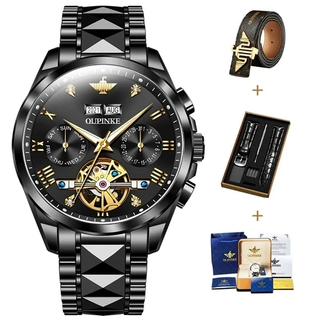 OUPINKE 3186 Men's Watches Luxury Mechanical Watch for Men Skeleton Flywheel Automatic Wristwatch Waterproof Luminous Man Watch