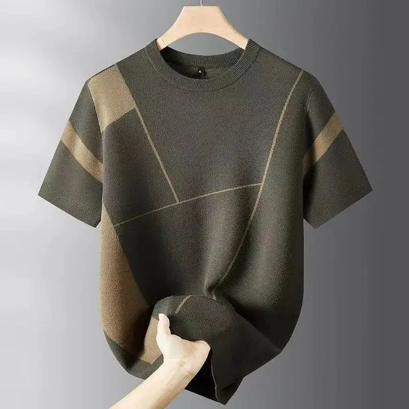 Modern Geometric Knit T-Shirt For Men Casual Daily Wear Soft Comfortable Short Sleeve Round Neck Design