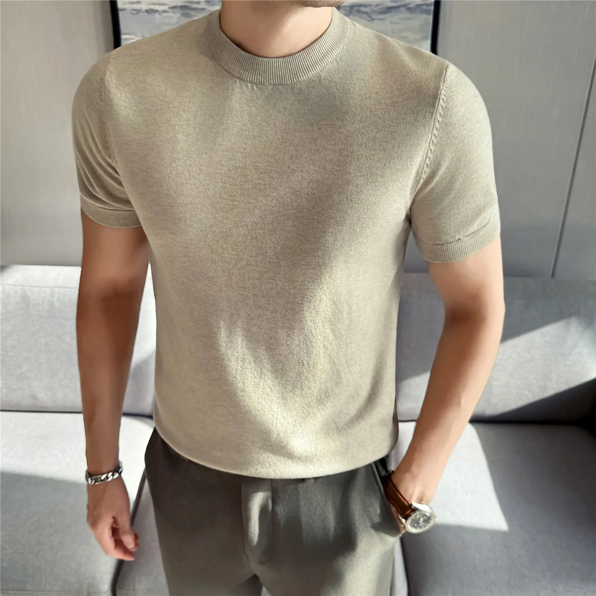 Men's High-Quality Solid Color Short Sleeve Knit T-Shirt - Slim Fit Round Neck Thickened Casual Top