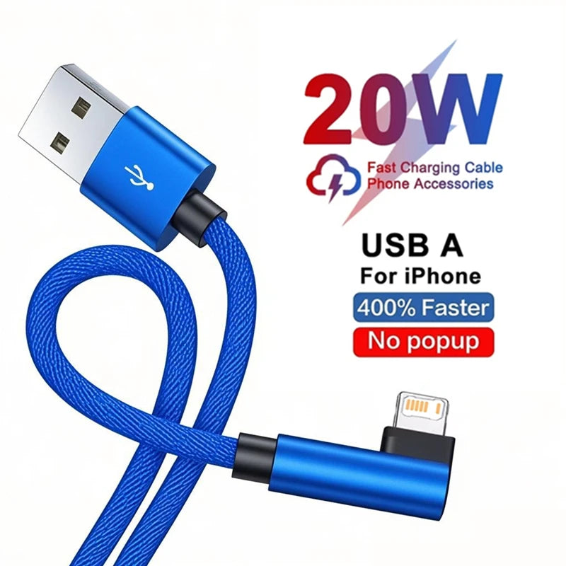 90 Degree Gaming Elbow Fast Charging USB Cable For iPhone 13 14 Pro Max X XR XS 11 12 mini 6S 7 8 Plus Quick Charge Data Cables