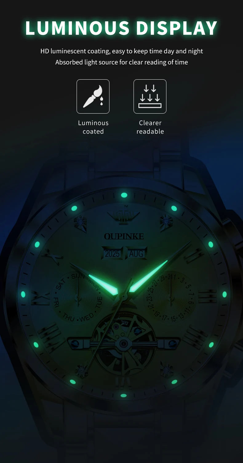 OUPINKE 3240 Skeleton Flywheel Multifunctional Automatic Mechanical Watches for Men 44mm Large Dial Tungsten Steel Luxury Watch