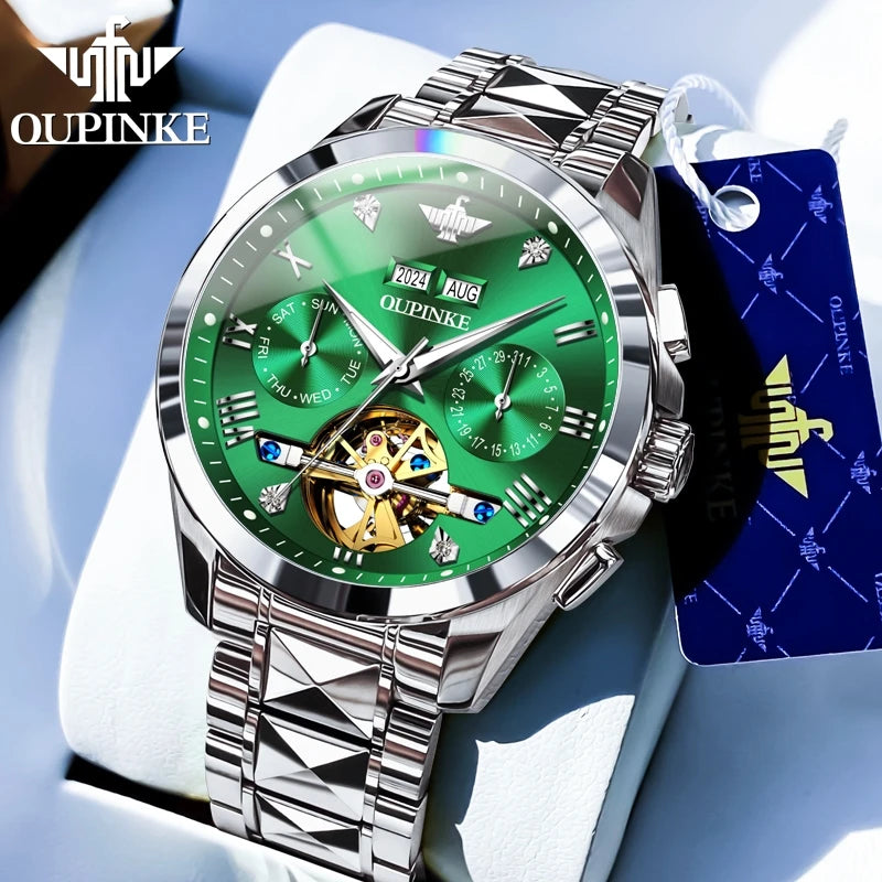OUPINKE 3186 Original Luxury Man Watch Skeleton Flywheel Automatic Mechanical Watch for Men Waterproof Luminous Dress Wristwatch