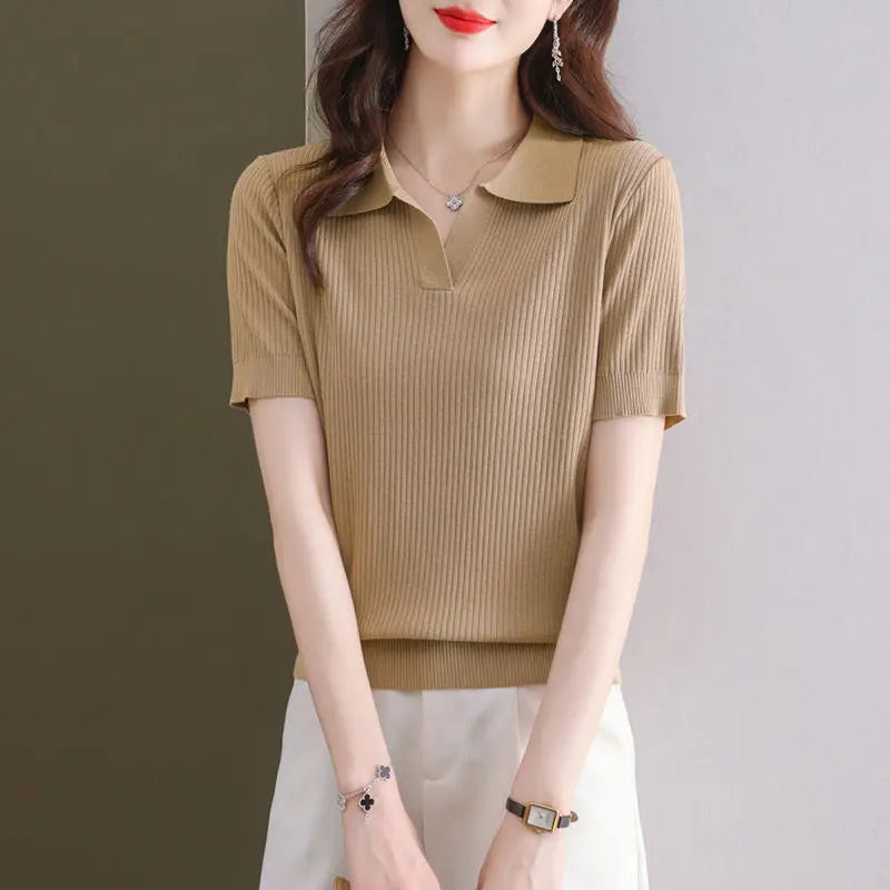 Knitted Short-sleeved T-shirt New Summer Design Sense Niche Tops Fashion Slimming Loose Ice Silk Body Shirt