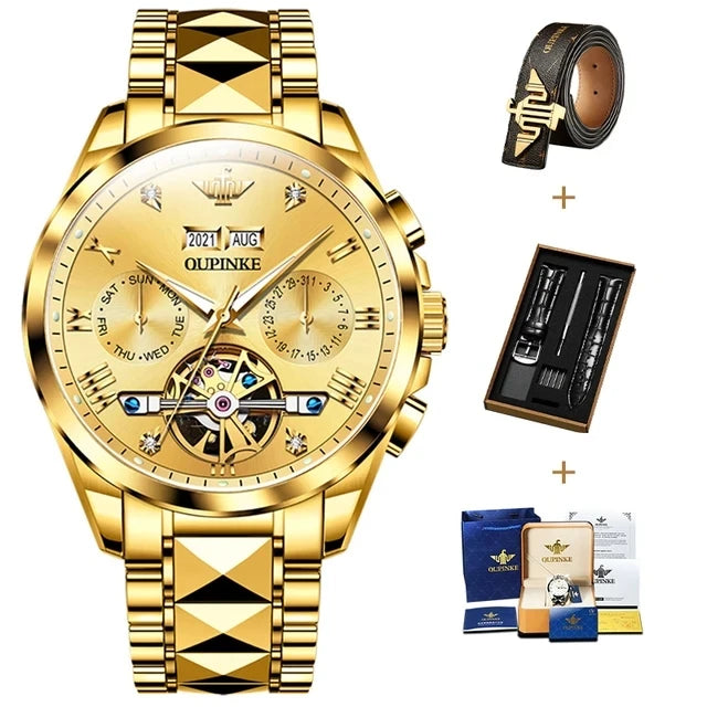 OUPINKE 3186 Men's Watches Luxury Mechanical Watch for Men Skeleton Flywheel Automatic Wristwatch Waterproof Luminous Man Watch