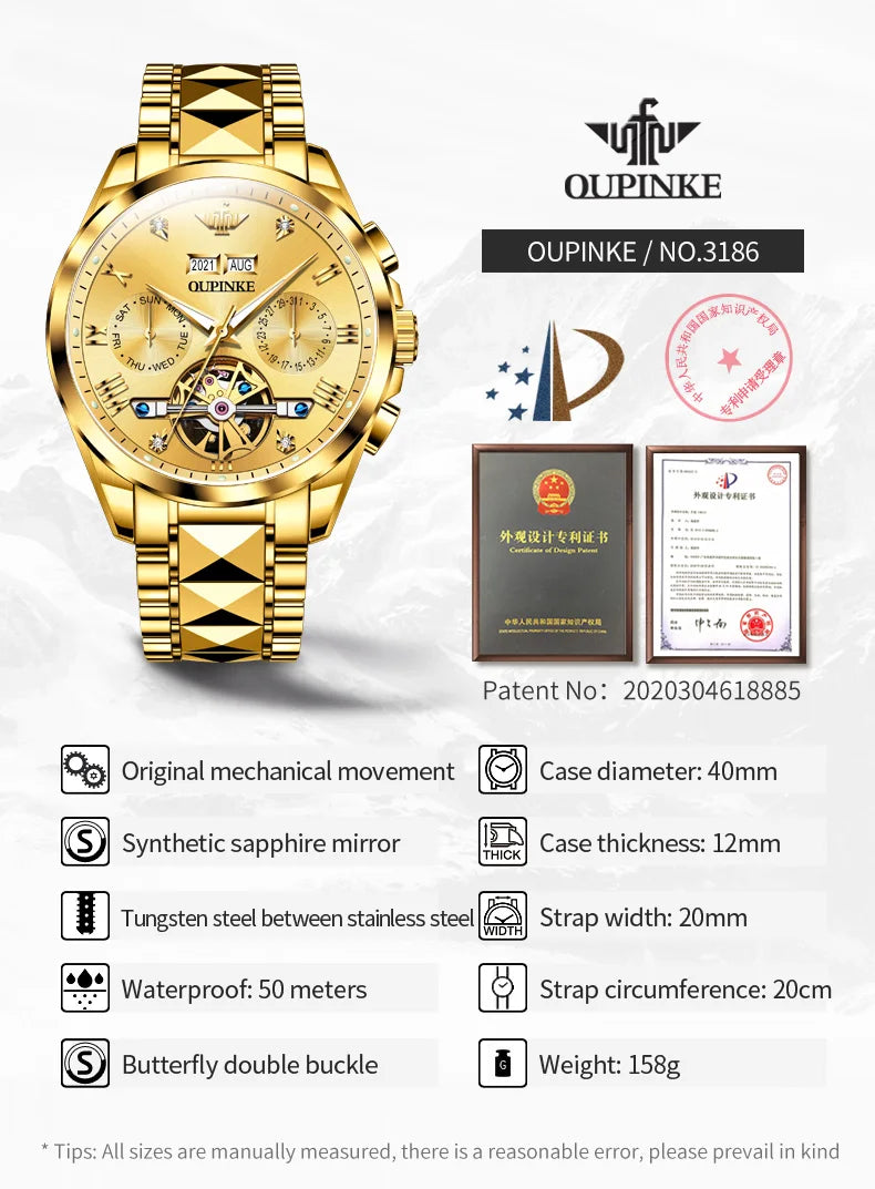 OUPINKE Classic Watch 3186 Multifunctional Skeleton Dial Waterproof Luminous Automatic Mechanical Watches
