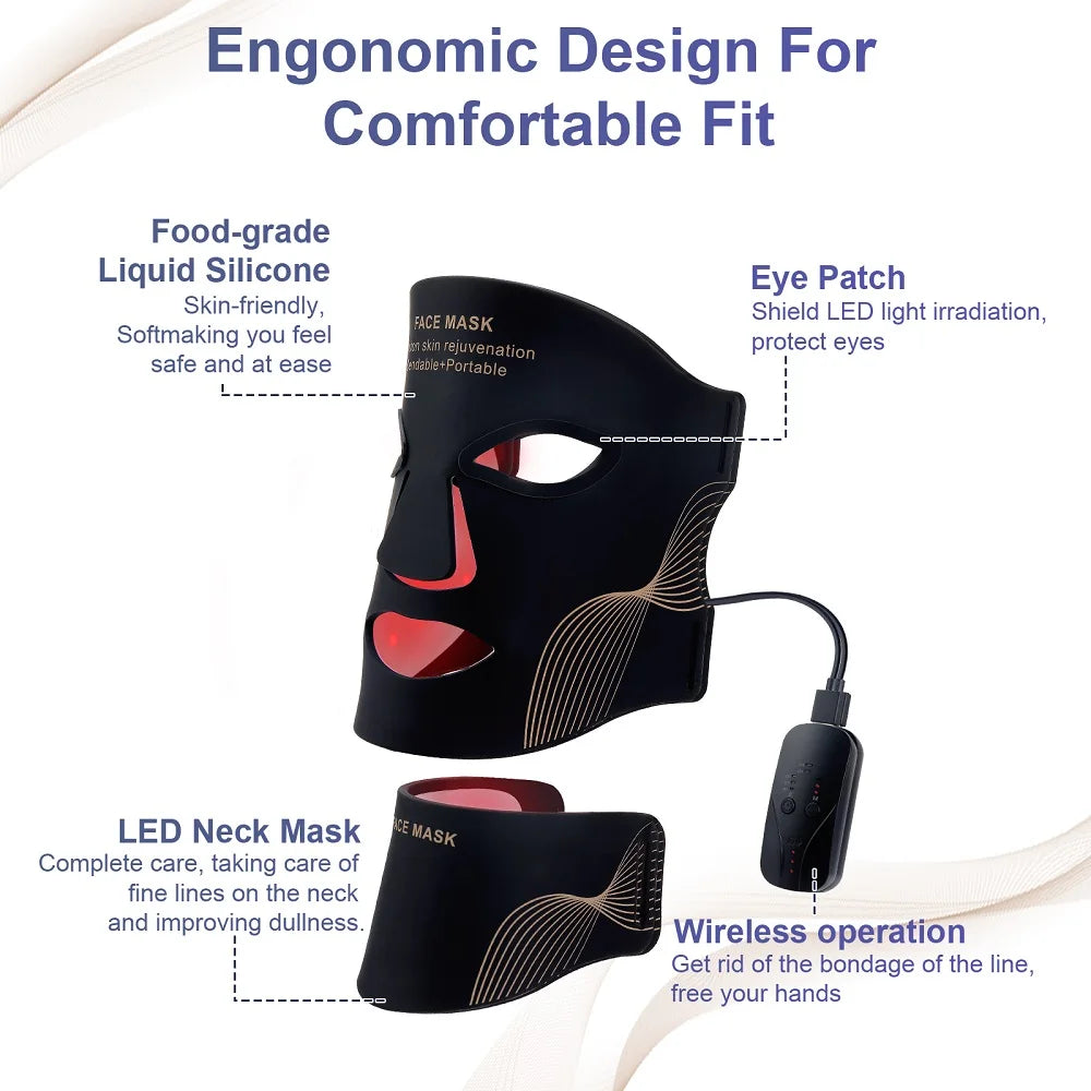 Silicone LED Mask Face And Neck 7 Colors LED Photon Red Light Infrared Therapy Flexible Facial Mask Repair Skin Wireless Use