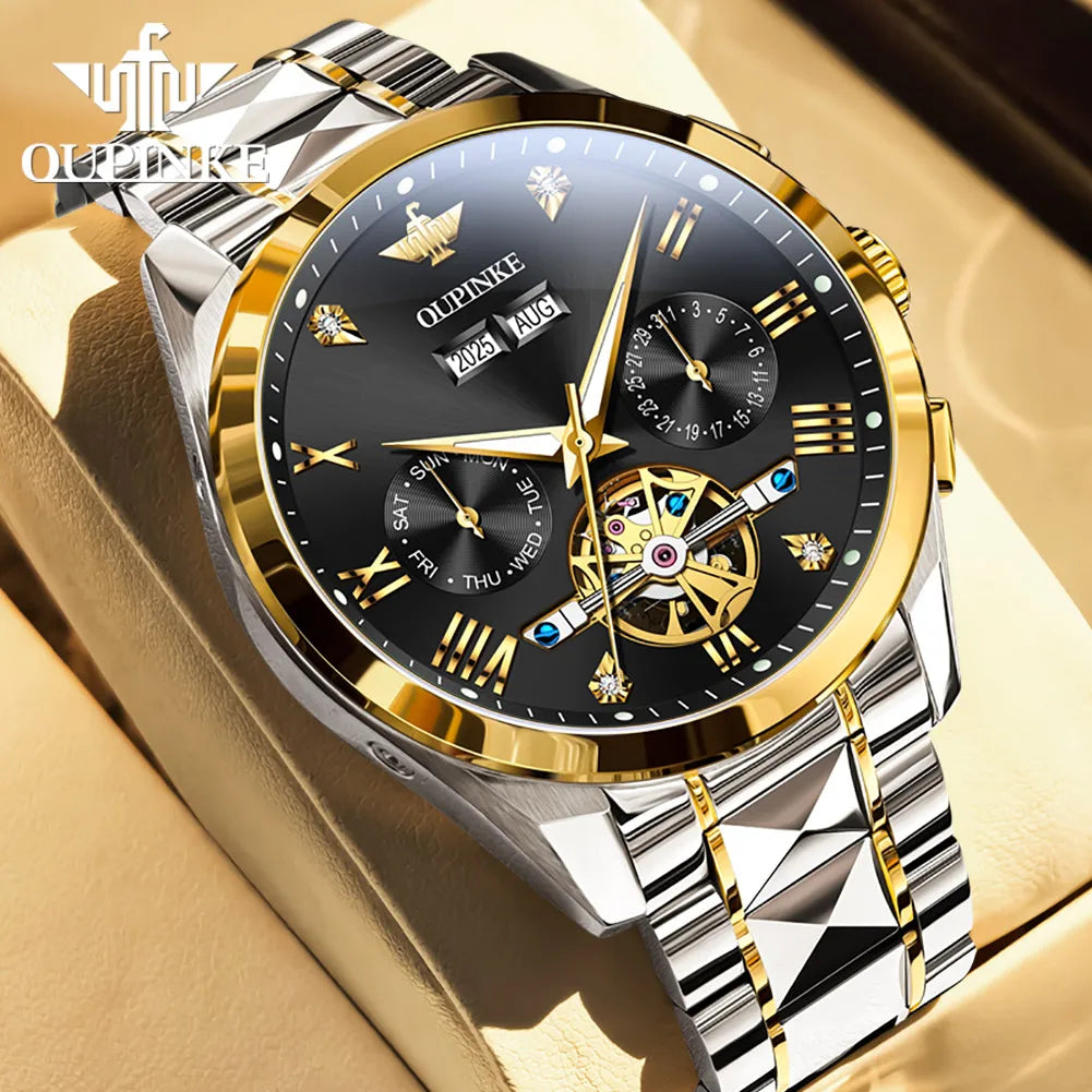 OUPINKE Men's Watches Top Brand Luxury Classic Original Automatic Mechanical Wristwatch Sapphire Mirror Tungsten Steel Calendar