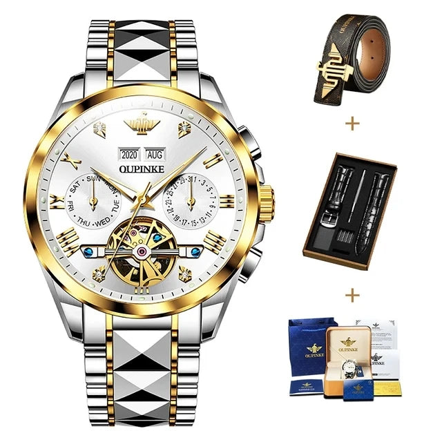 OUPINKE 3186 Men's Watches Luxury Mechanical Watch for Men Skeleton Flywheel Automatic Wristwatch Waterproof Luminous Man Watch