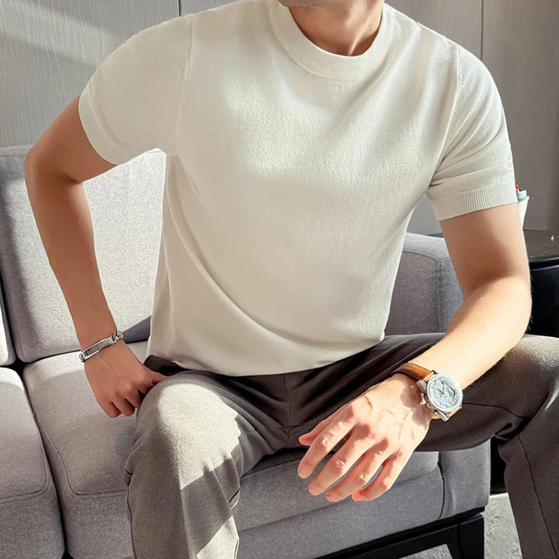 Men's High-Quality Solid Color Short Sleeve Knit T-Shirt - Slim Fit Round Neck Thickened Casual Top