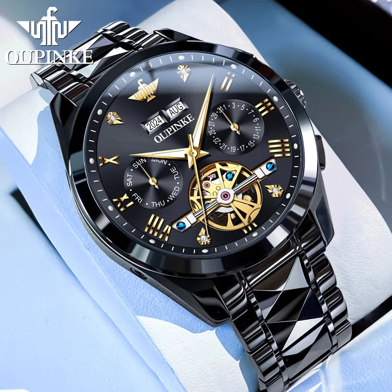 OUPINKE Classic Watch 3186 Multifunctional Skeleton Dial Waterproof Luminous Automatic Mechanical Watches