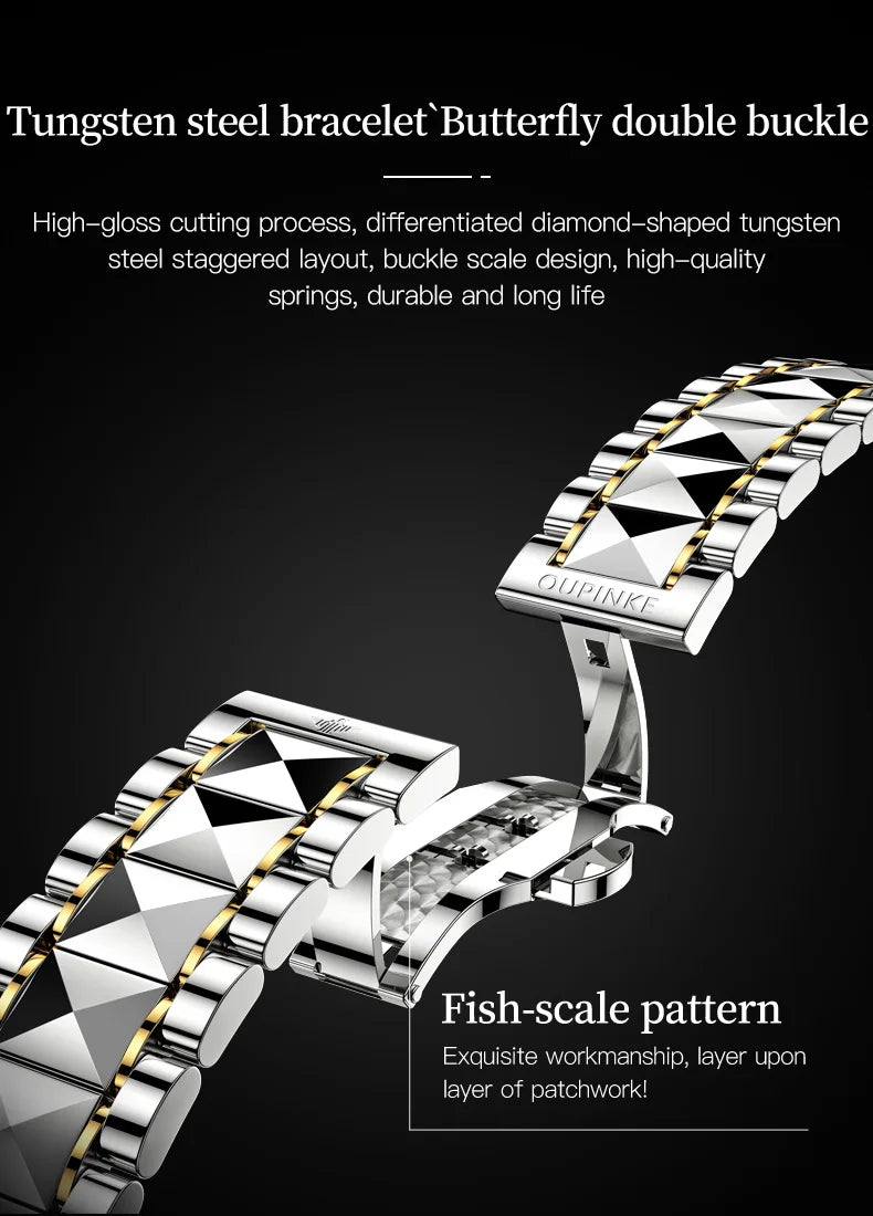 OUPINKE Tungsten Steel Automatic Mechanical Watch Men's 5Bar Waterproof Multi-functional Tourbillon Watches Relogio