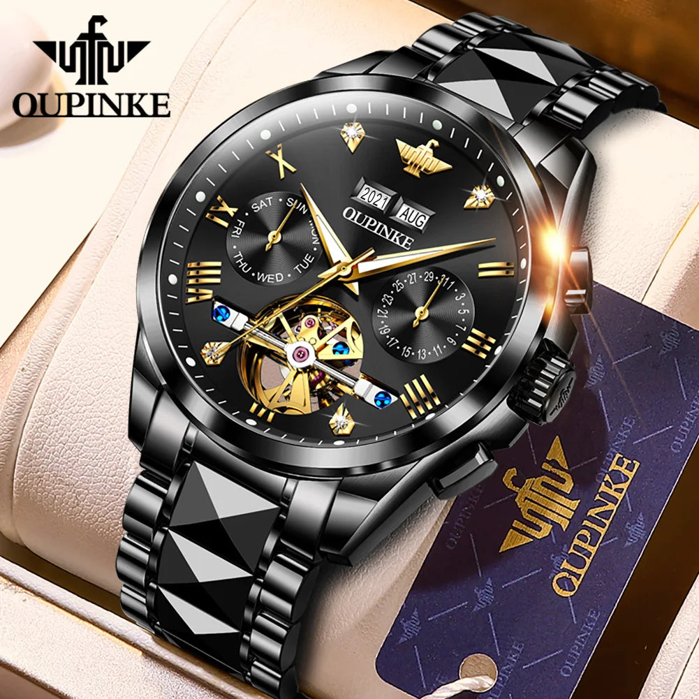OUPINKE 3186 Men's Watches Skeleton Flywheel Automatic Mechanical Watch for Men Luxury Brand Dual Calendar Display Wristwatch