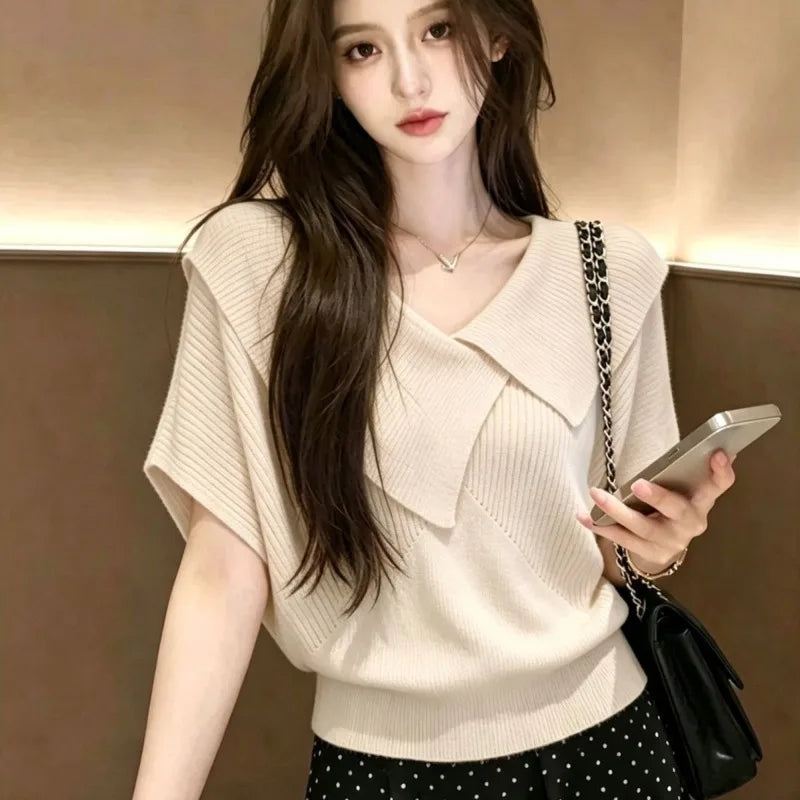 Knit T Shirt For Women Irregular Solid Spring Summer Ropa De Mujer Korean Fashion Versatile Elegant Chic Casual Short Tees