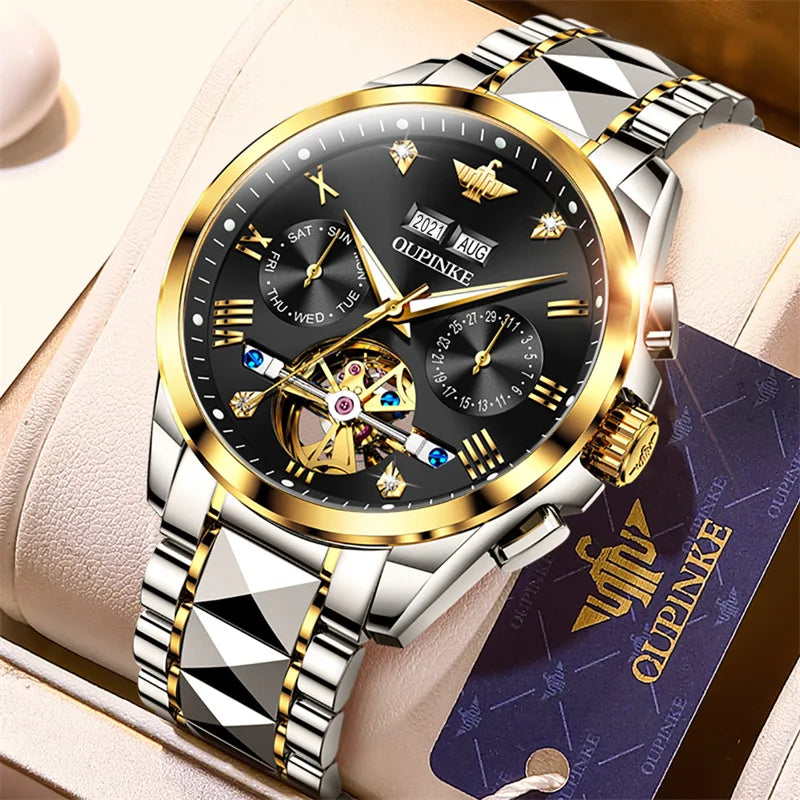 OUPINKE Tungsten Steel Automatic Mechanical Watch Men's 5Bar Waterproof Multi-functional Tourbillon Watches Relogio