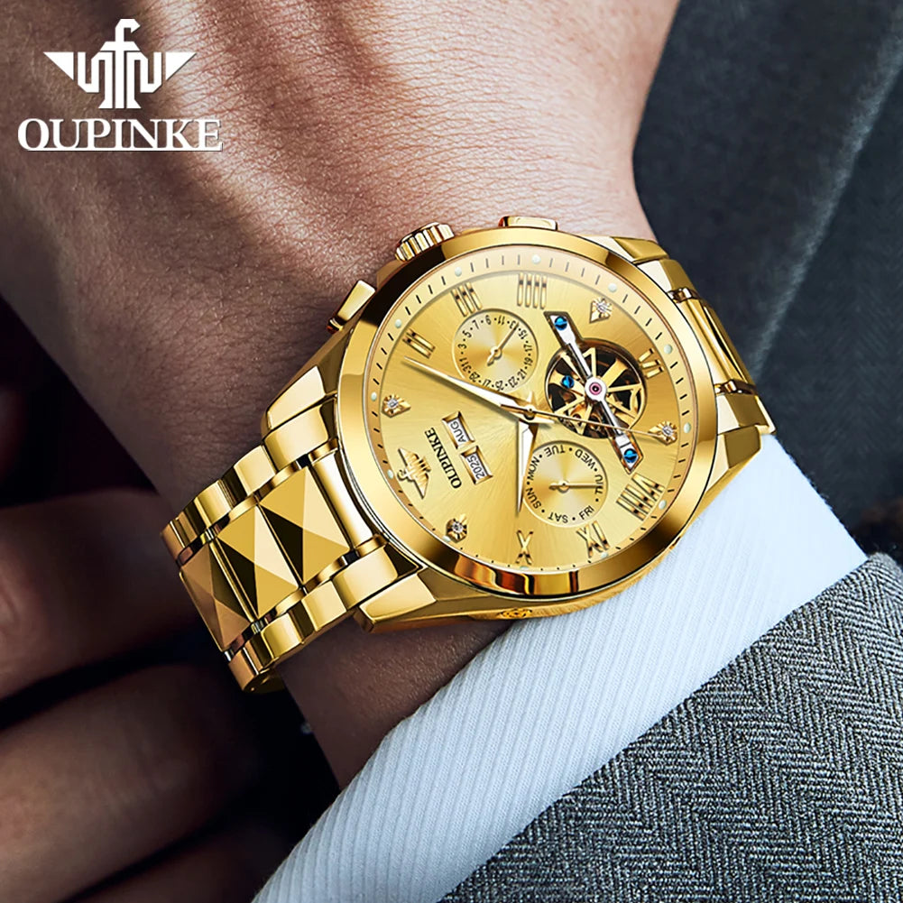 OUPINKE Men's Watches Top Brand Luxury Classic Original Automatic Mechanical Wristwatch Sapphire Mirror Tungsten Steel Calendar