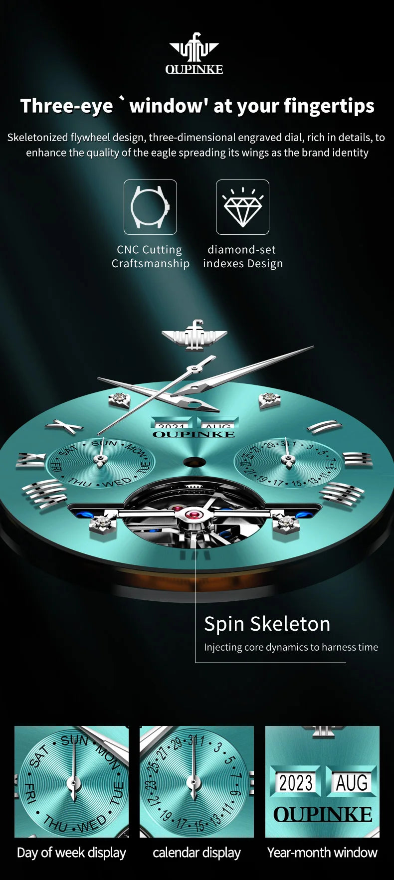 OUPINKE 3186 Original Luxury Man Watch Skeleton Flywheel Automatic Mechanical Watch for Men Waterproof Luminous Dress Wristwatch