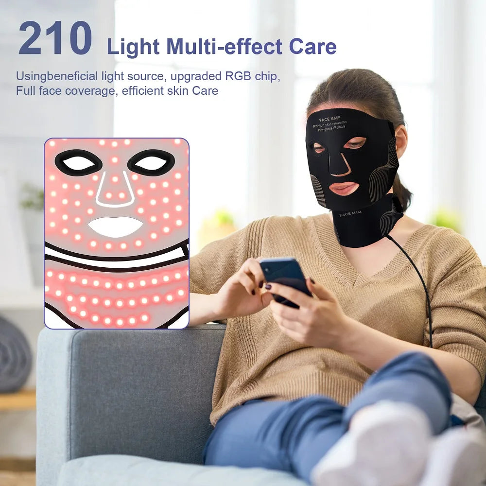 Silicone LED Mask Face And Neck 7 Colors LED Photon Red Light Infrared Therapy Flexible Facial Mask Repair Skin Wireless Use