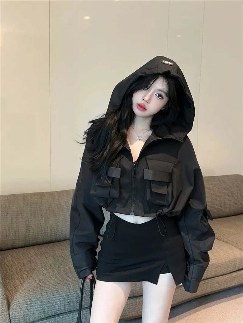 Fall Hot Sale Of The Season Women's Trendy Short Jacket Street Style Workwear Large Pocket Design Hooded Coat Casual Outerwea
