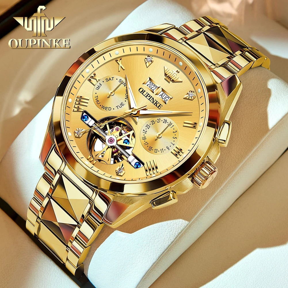 OUPINKE 3186 Automatic Mechanical Movement Watch Hollow Design HD Luminous 50m Waterproof Tungsten Steel Week Calendar Window Watch For Men