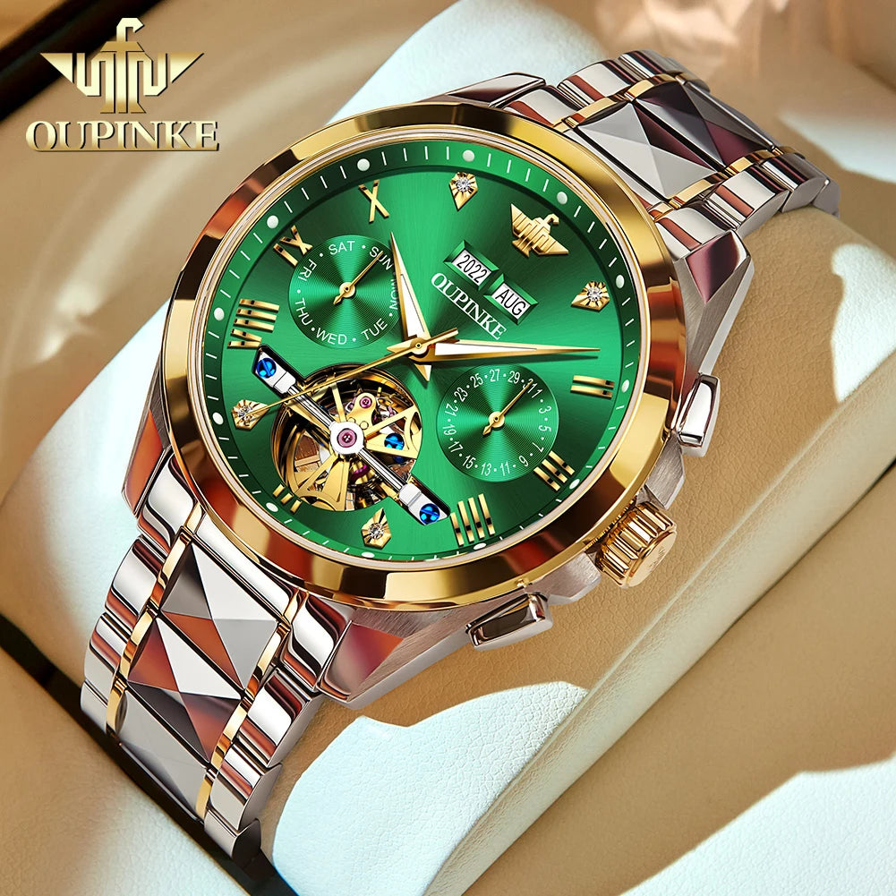 OUPINKE 3186 Automatic Mechanical Movement Watch Hollow Design HD Luminous 50m Waterproof Tungsten Steel Week Calendar Window Watch For Men