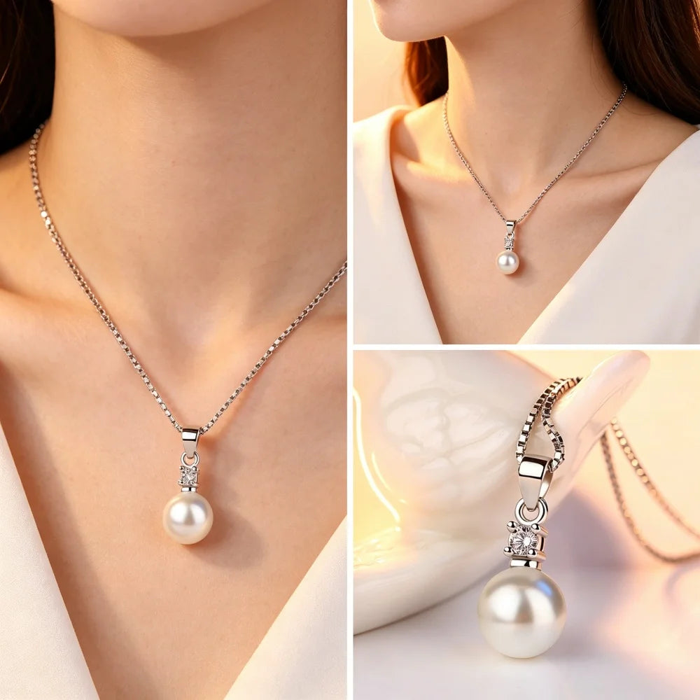 925 Sterling Silver White Pearl Pendant Necklace for Women Shiny Cubic Zirconia Elegant Wedding Party Fine Jewelry Gift