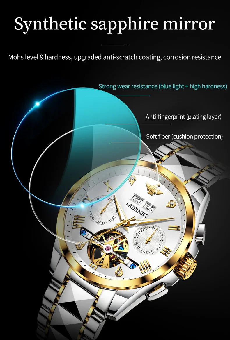 OUPINKE 3186 Men Watches Multifunctional Gold Tungsten steel Flywheel Waterproof Dual Calendar Display Male Wristwatch Classic