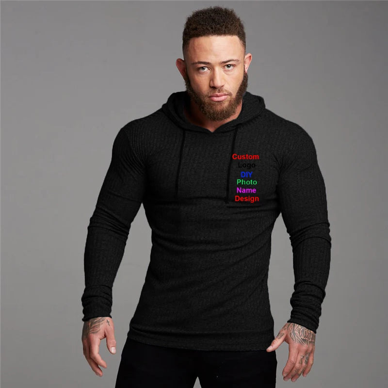 Design Brand Logo Custom DIY Fashion Knitted Hooded T-shirt Men Pit Stripe Slim Fit Thin Sweaters Long Sleeve Pullover Knittwear