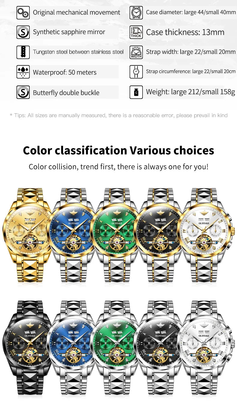 OUPINKE 3186 Men's Watches Skeleton Flywheel Automatic Mechanical Watch for Men Luxury Brand Dual Calendar Display Wristwatch