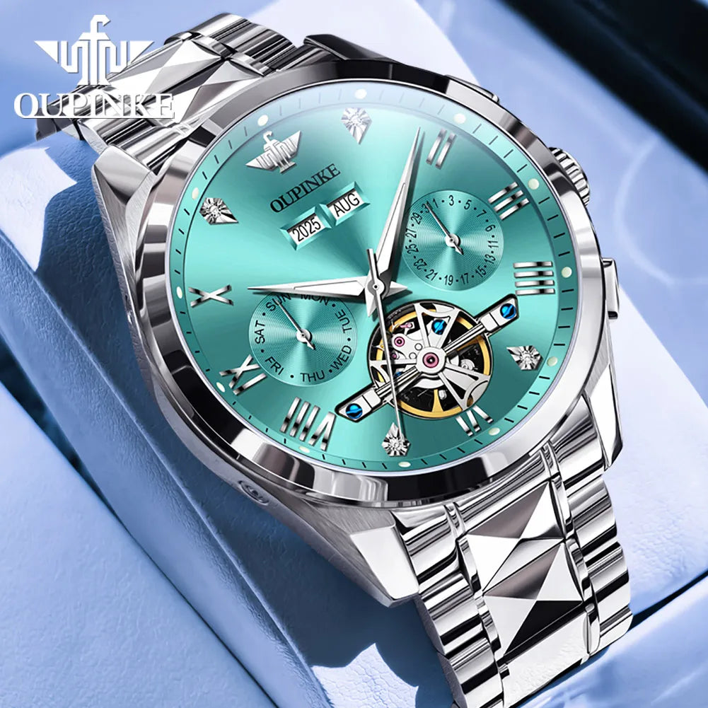 OUPINKE 3240 Skeleton Men's Watches 50m Waterproof Automatic Mechanical Watch Sapphire Luminous Date Tungsten Steel Brand Watch