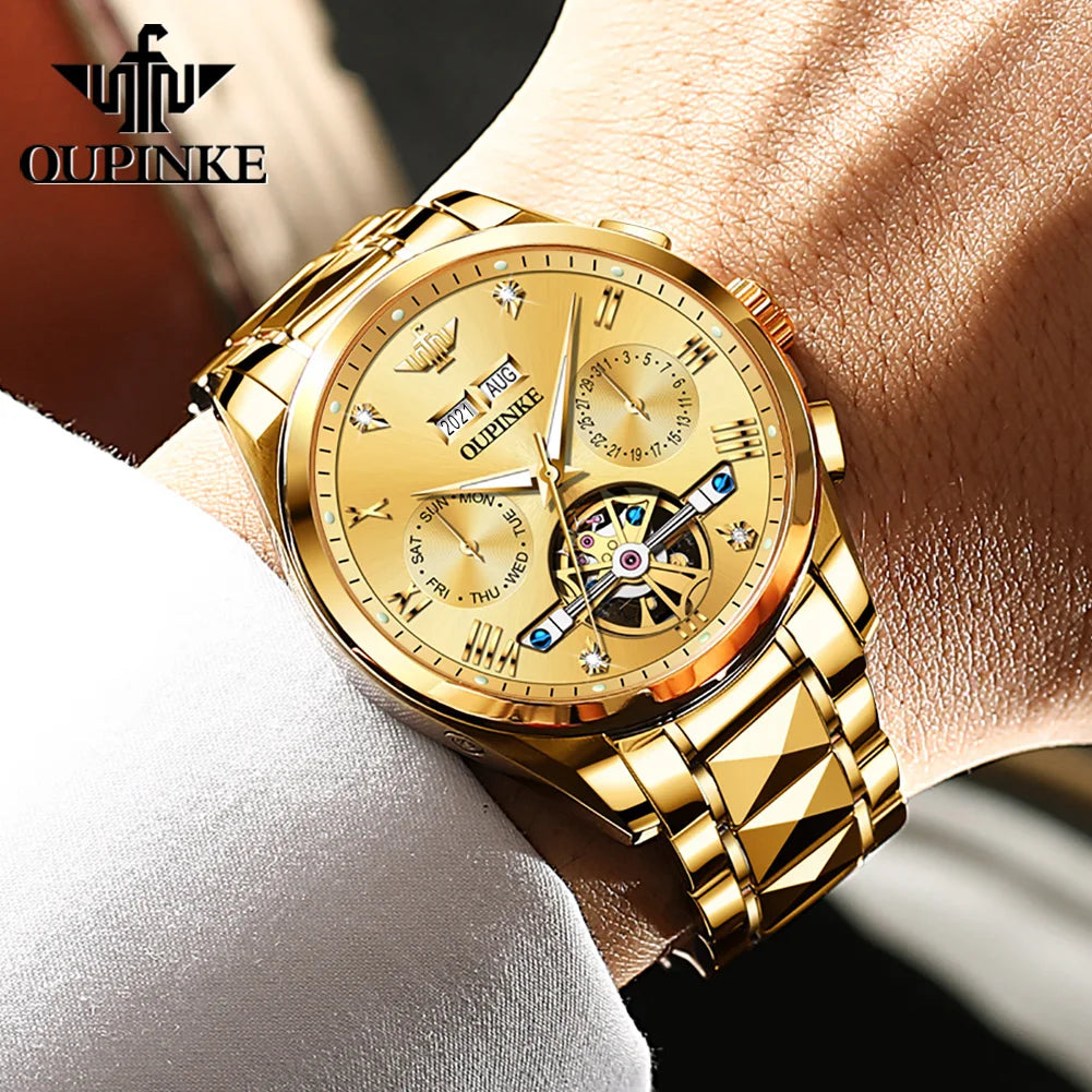 OUPINKE Classic Watch 3186 Multifunctional Skeleton Dial Waterproof Luminous Automatic Mechanical Watches