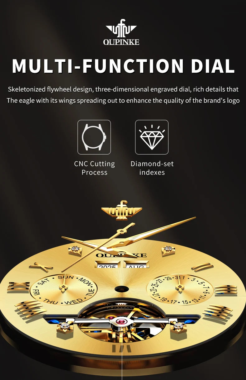 OUPINKE 3240 Skeleton Flywheel Multifunctional Automatic Mechanical Watches for Men 44mm Large Dial Tungsten Steel Luxury Watch
