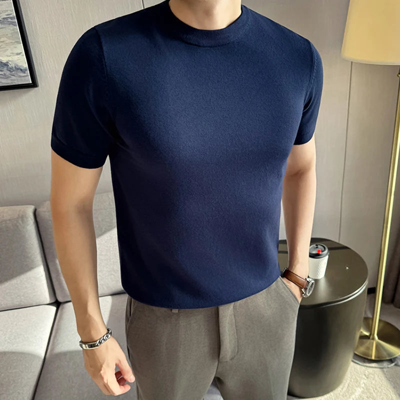 Men's High-Quality Solid Color Short Sleeve Knit T-Shirt - Slim Fit Round Neck Thickened Casual Top