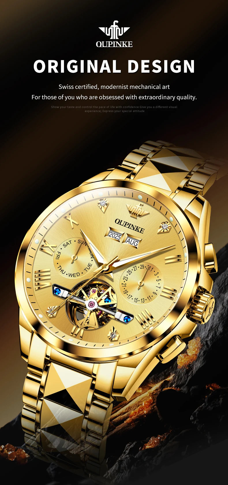 OUPINKE 3240 Skeleton Flywheel Multifunctional Automatic Mechanical Watches for Men 44mm Large Dial Tungsten Steel Luxury Watch