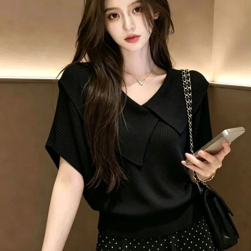 Knit T Shirt For Women Irregular Solid Spring Summer Ropa De Mujer Korean Fashion Versatile Elegant Chic Casual Short Tees