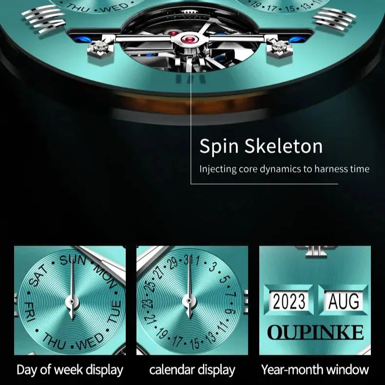 OUPINKE 3186 Men's Watches Skeleton Flywheel Automatic Mechanical Watch for Men Luxury Brand Dual Calendar Display Wristwatch