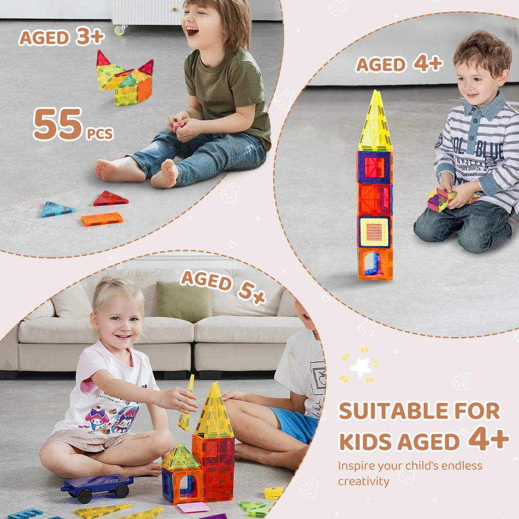 SucceBuy 55pcs Magnetic Building Blocks Construction Set Magnet Tiles Children Montessori Educational Game Toys for Kids Gifts