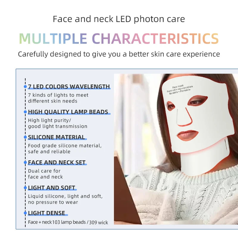 7 Colors LED Photon Face Mask Neck Set Good Grade Silicone Facial Mask Anti Acne Brighten Skin Repair Oil Control