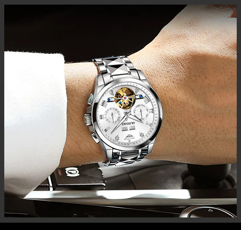 OUPINKE 3186 Men Watches Multifunctional Gold Tungsten steel Flywheel Waterproof Dual Calendar Display Male Wristwatch Classic