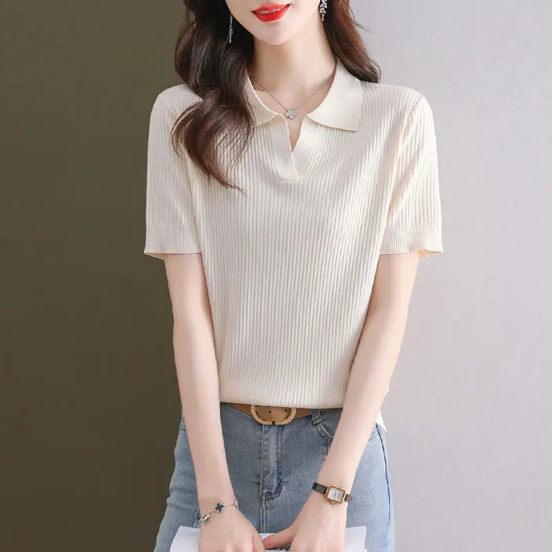Knitted Short-sleeved T-shirt New Summer Design Sense Niche Tops Fashion Slimming Loose Ice Silk Body Shirt