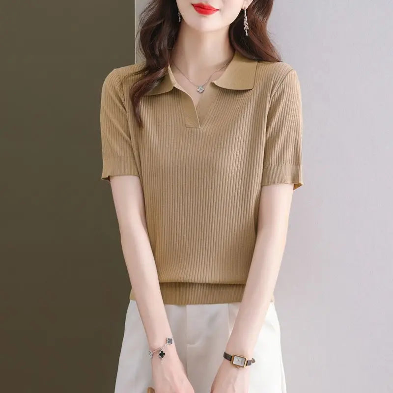 Knitted Short-sleeved T-shirt New Summer Design Sense Niche Tops Fashion Slimming Loose Ice Silk Body Shirt