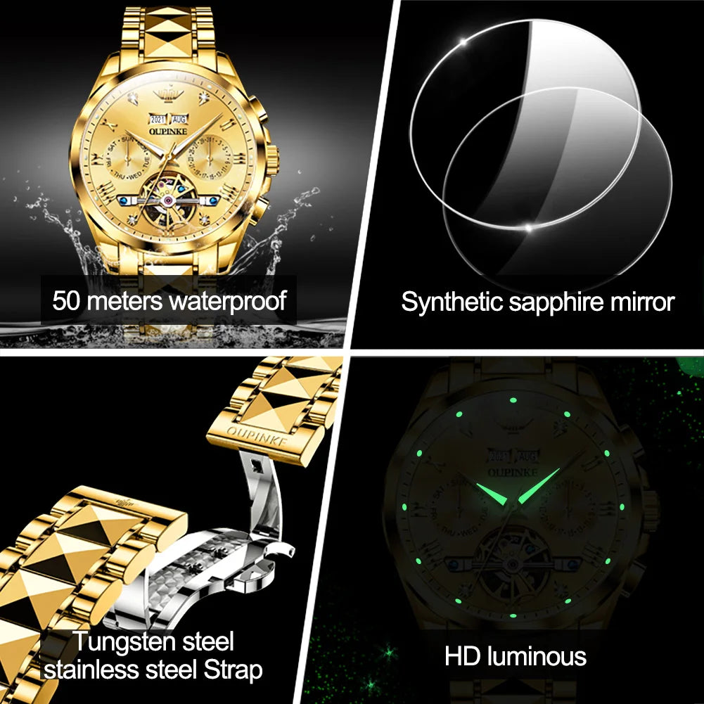 OUPINKE 3186 Men Watches Multifunctional Gold Tungsten steel Flywheel Waterproof Dual Calendar Display Male Wristwatch Classic