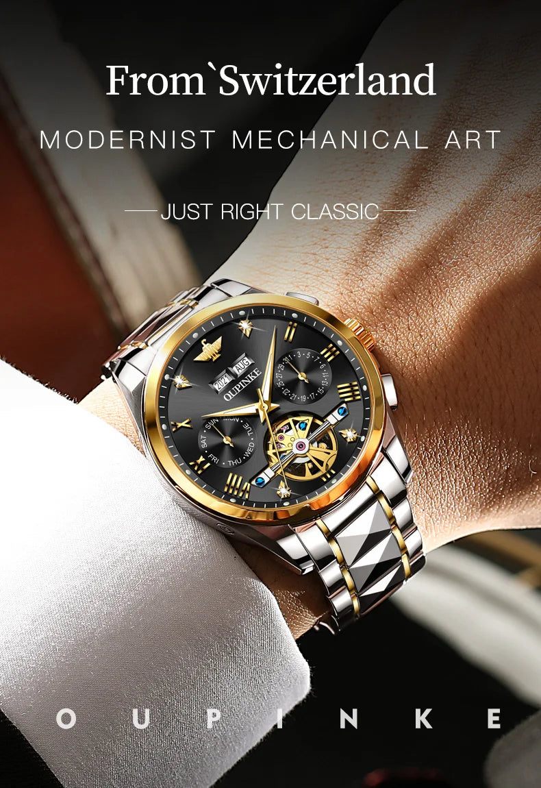 OUPINKE Tungsten Steel Automatic Mechanical Watch Men's 5Bar Waterproof Multi-functional Tourbillon Watches Relogio