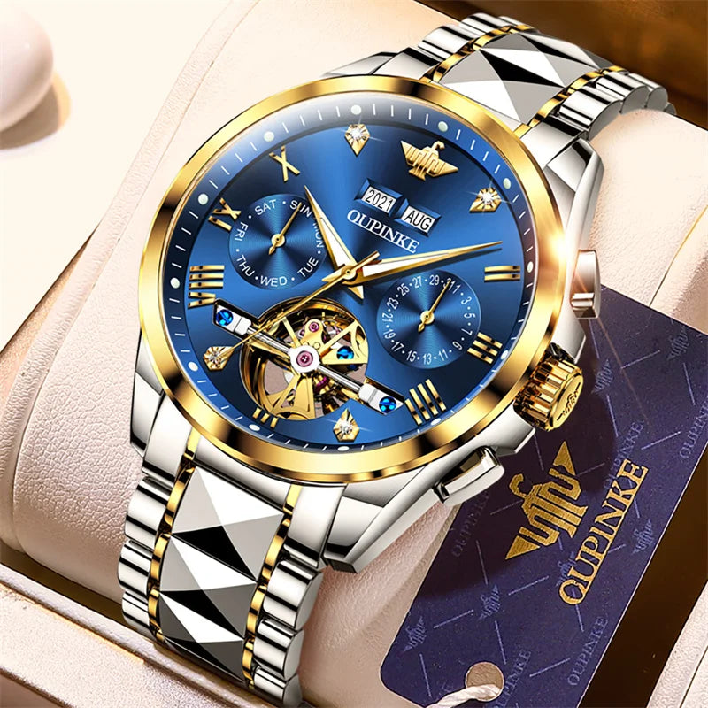 OUPINKE Tungsten Steel Automatic Mechanical Watch Men's 5Bar Waterproof Multi-functional Tourbillon Watches Relogio