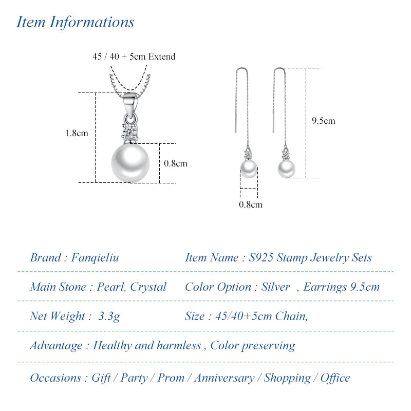 Real 925 Sterling Silver Crystal Pearl Pendant Necklace Long Drop Earrings Jewelry Sets For Women New Trendy FQL23091