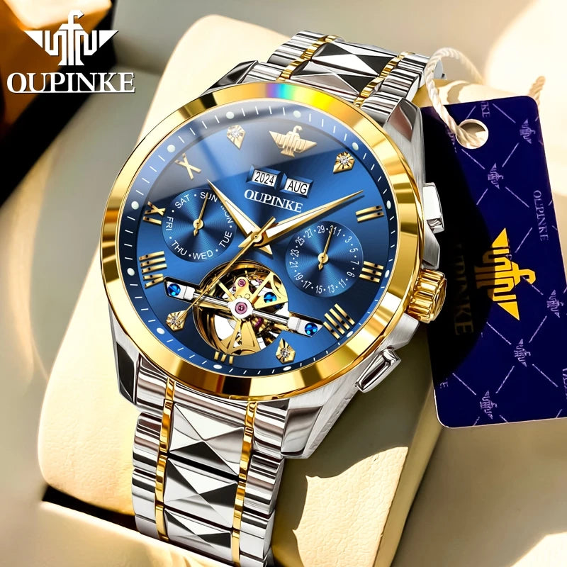 OUPINKE 3186 Original Luxury Man Watch Skeleton Flywheel Automatic Mechanical Watch for Men Waterproof Luminous Dress Wristwatch